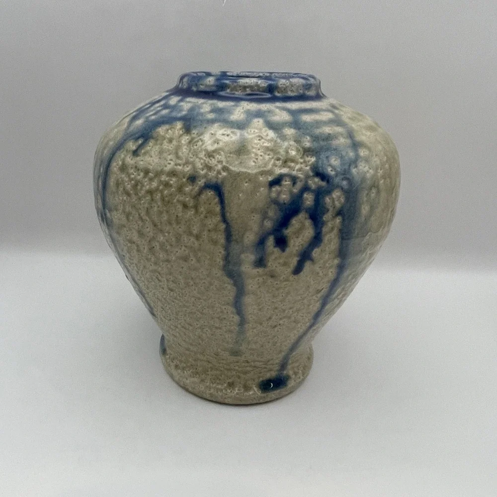 Terry Burke Seagrove NC Studio Pottery Salt Glaze Cobalt Blue Drip Vase 6.5in
